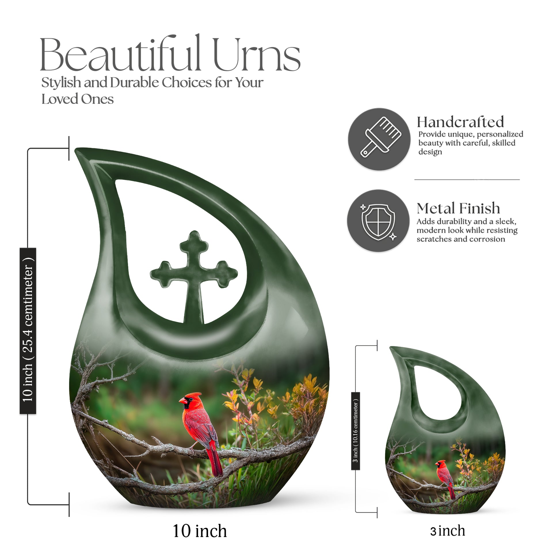 Mint Green Cardinal Cremation Urn back view with polished surface - faith-inspired cross-drop urn with cardinal pattern - mini keepsake memorial for portion of cremation ashes