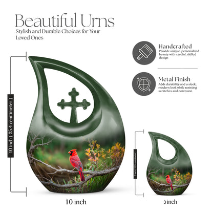Mint Green Cardinal Cremation Urn back view with polished surface - faith-inspired cross-drop urn with cardinal pattern - mini keepsake memorial for portion of cremation ashes