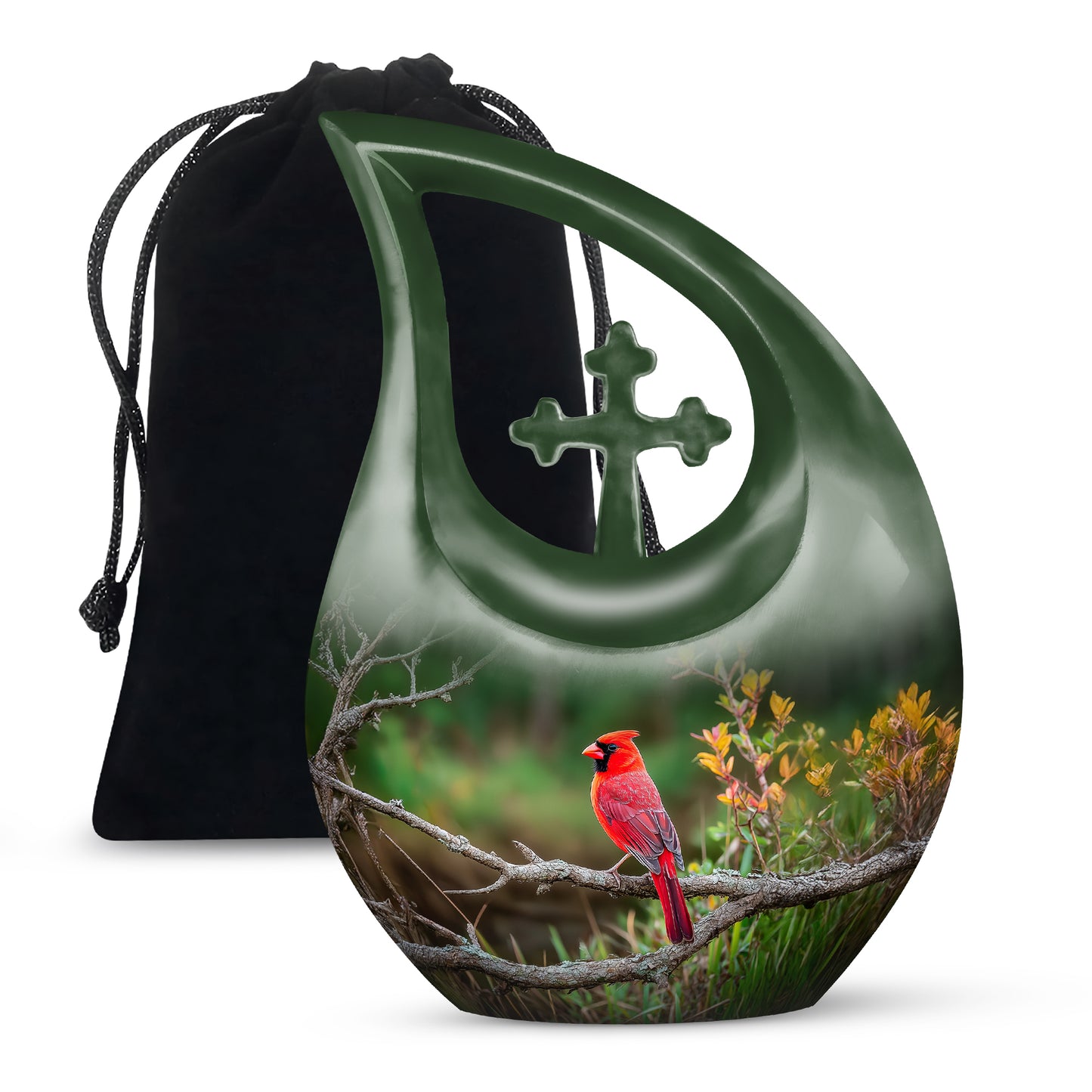 Forest Green Cardinal Cremation Urn top-down view of secure threaded lid - faith-inspired cross-drop urn with cardinal pattern - full-size 10 inch 200 cubic inch adult cremation urn