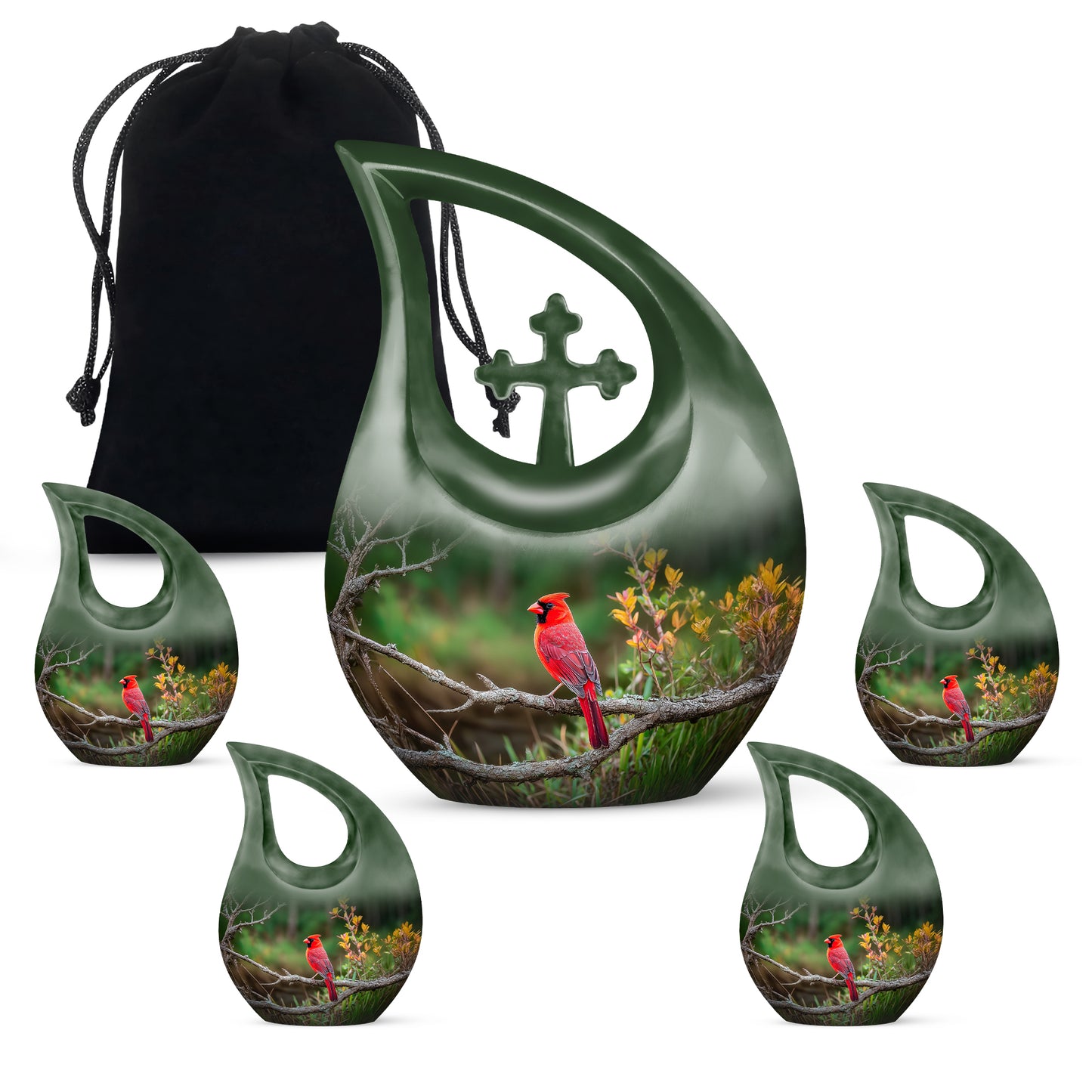 Pine Green Cardinal Cremation Urn urn with complimentary velvet bag - faith-inspired cross-drop urn with cardinal pattern - memorial set with one large and four small urns
