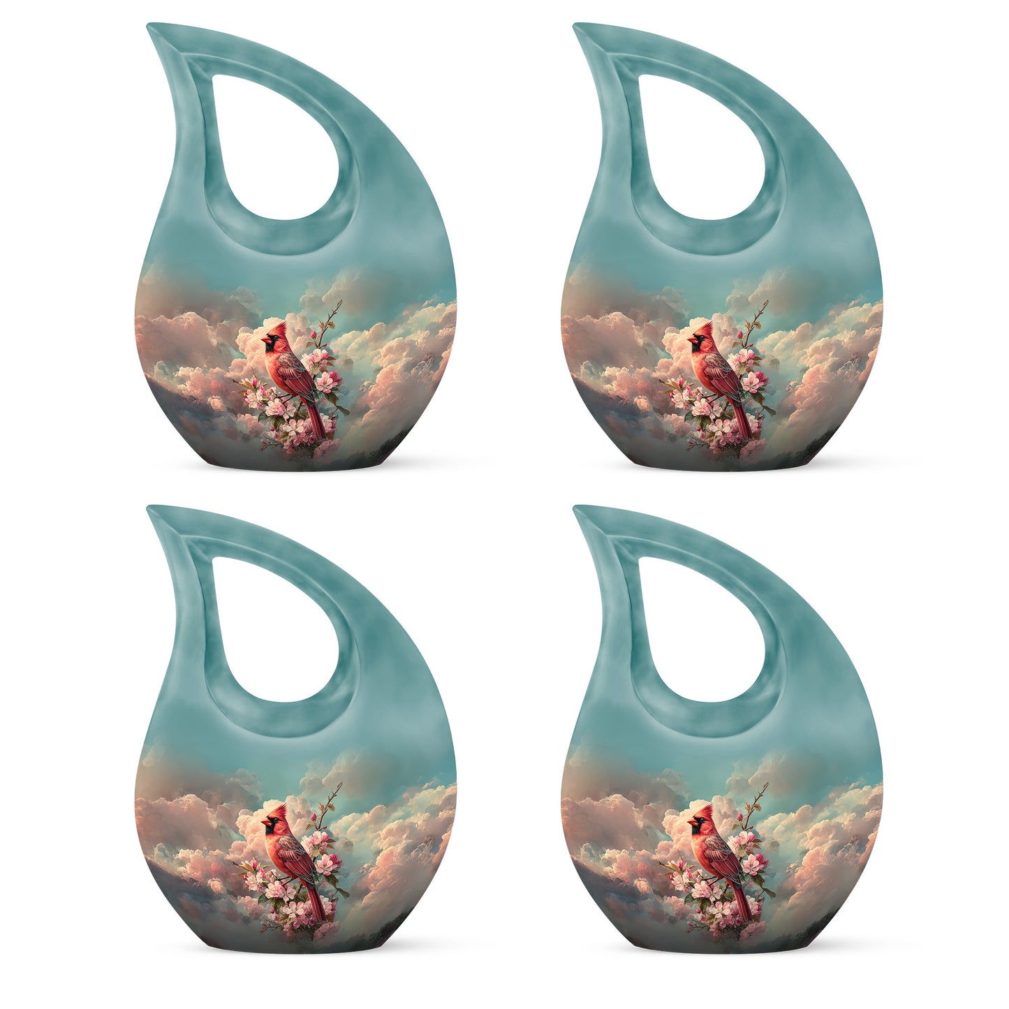 Cool Teal Cardinal Cremation Urn lifestyle display on memorial shelf - sacred cross merged with cardinal motif on metal - 10 inch aluminum urn for cremated remains