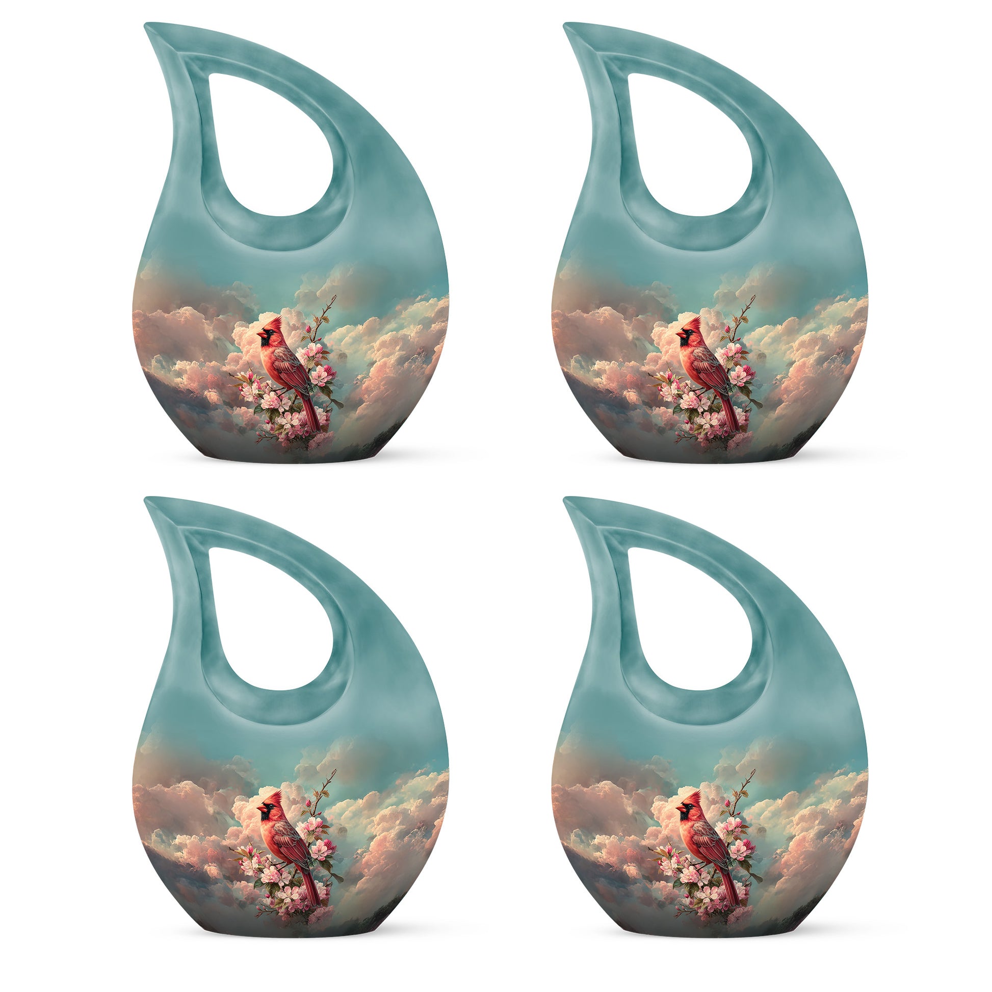 Cool Teal Cardinal Cremation Urn lifestyle display on memorial shelf - sacred cross merged with cardinal motif on metal - 10 inch aluminum urn for cremated remains