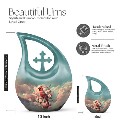 Tropical Teal Cardinal Cremation Urn back view with polished surface - faith-inspired cross-drop urn with cardinal pattern - mini keepsake memorial for portion of cremation ashes