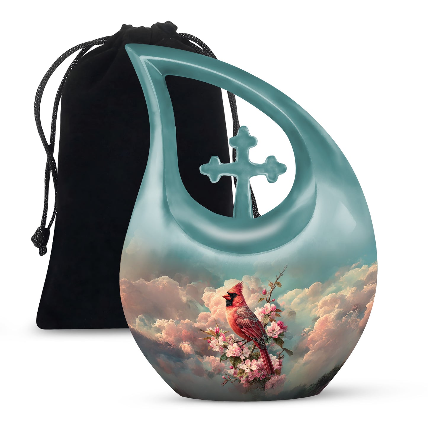 Soft Teal Cardinal Cremation Urn top-down view of secure threaded lid - cross and cardinal combined in spiritual memorial design - full-size 10 inch 200 cubic inch adult cremation urn