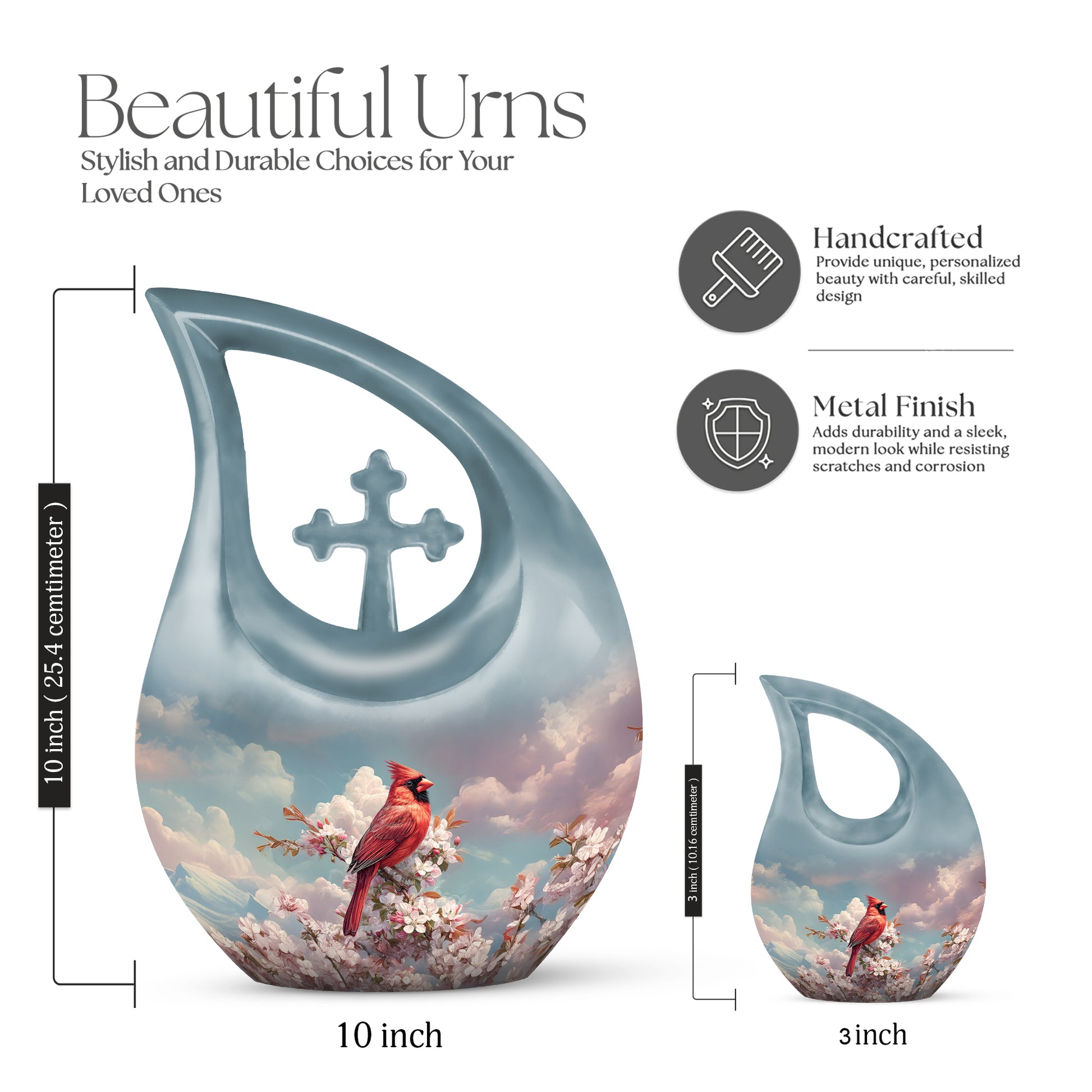 Calming Blue Cardinal Cremation Urn back view with polished surface - devotional cross-drop cardinal engraving - mini keepsake memorial for portion of cremation ashes