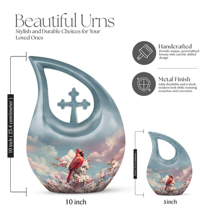 Calming Blue Cardinal Cremation Urn back view with polished surface - devotional cross-drop cardinal engraving - mini keepsake memorial for portion of cremation ashes