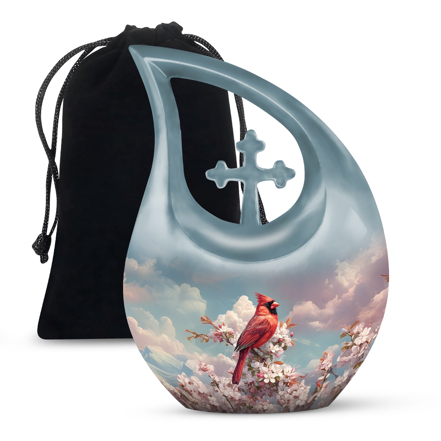 Sky Blue Cardinal Cremation Urn top-down view of secure threaded lid - cross and cardinal combined in spiritual memorial design - full-size 10 inch 200 cubic inch adult cremation urn
