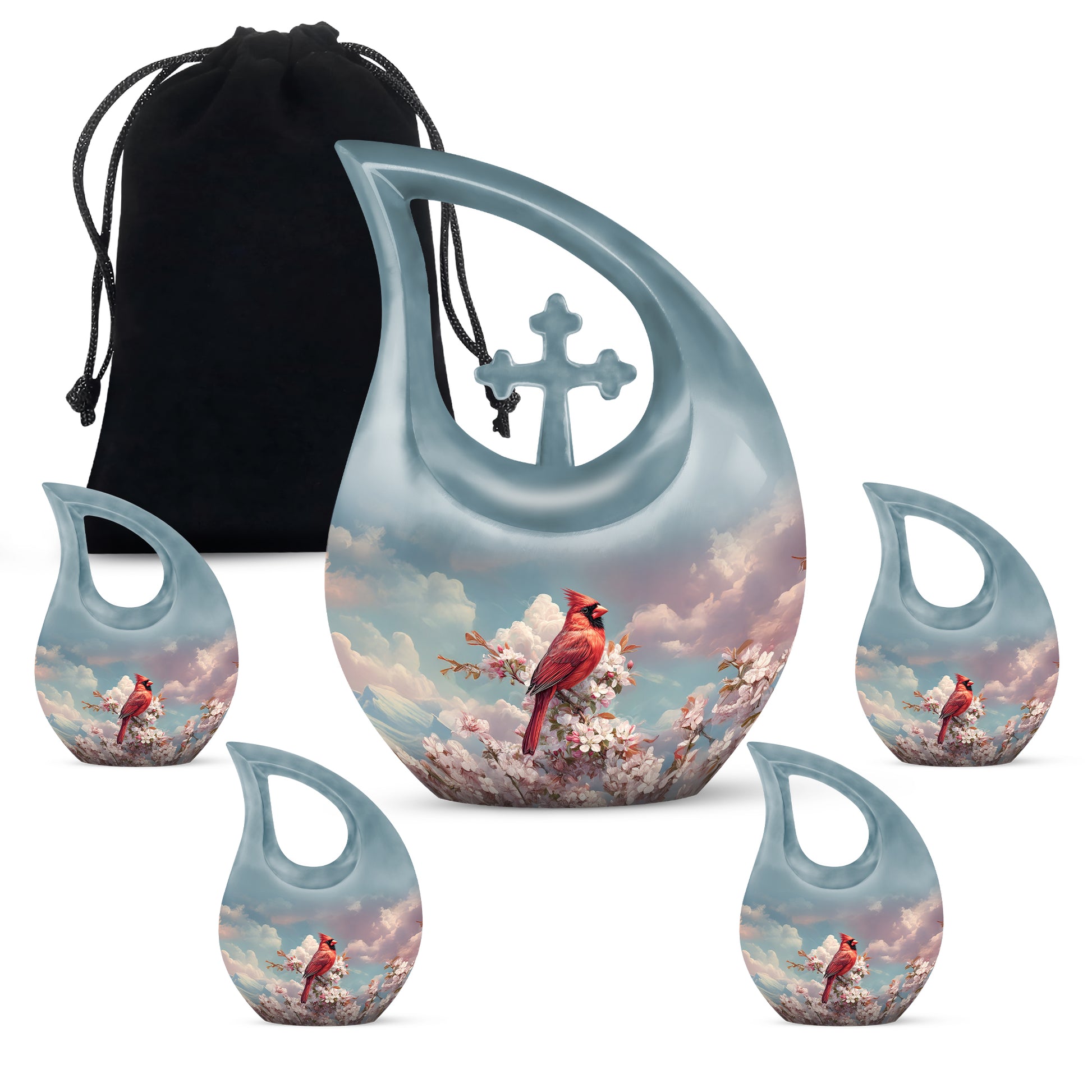 Powder Blue Cardinal Cremation Urn urn with complimentary velvet bag - sacred cross merged with cardinal motif on metal - memorial set with one large and four small urns