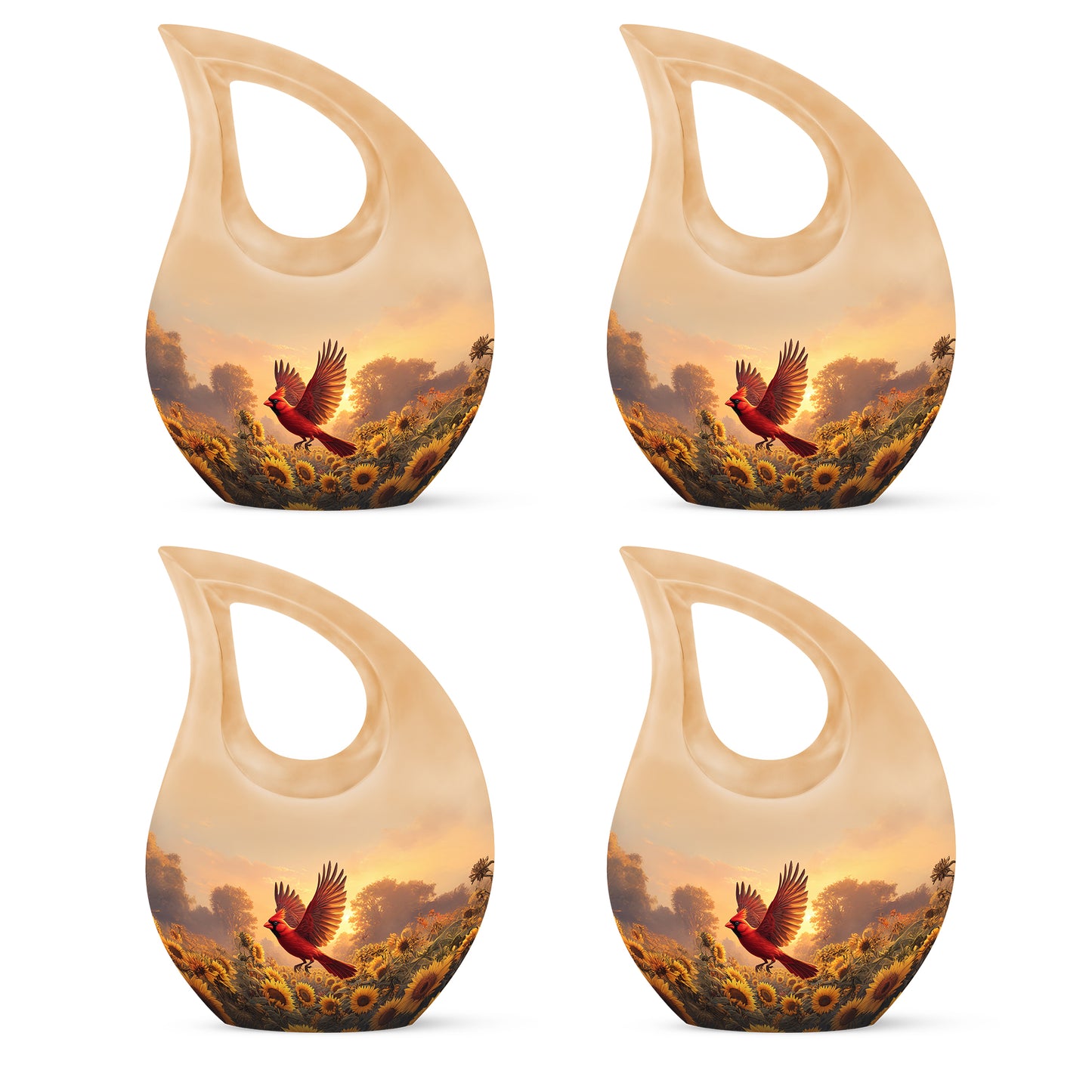 Champagne Gold Cardinal Cremation Urn lifestyle display on memorial shelf - cross and cardinal combined in spiritual memorial design - 10 inch aluminum urn for cremated remains