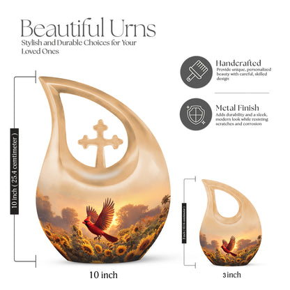 Matte Gold Cardinal Cremation Urn back view with polished surface - devotional cross-drop cardinal engraving - mini keepsake memorial for portion of cremation ashes