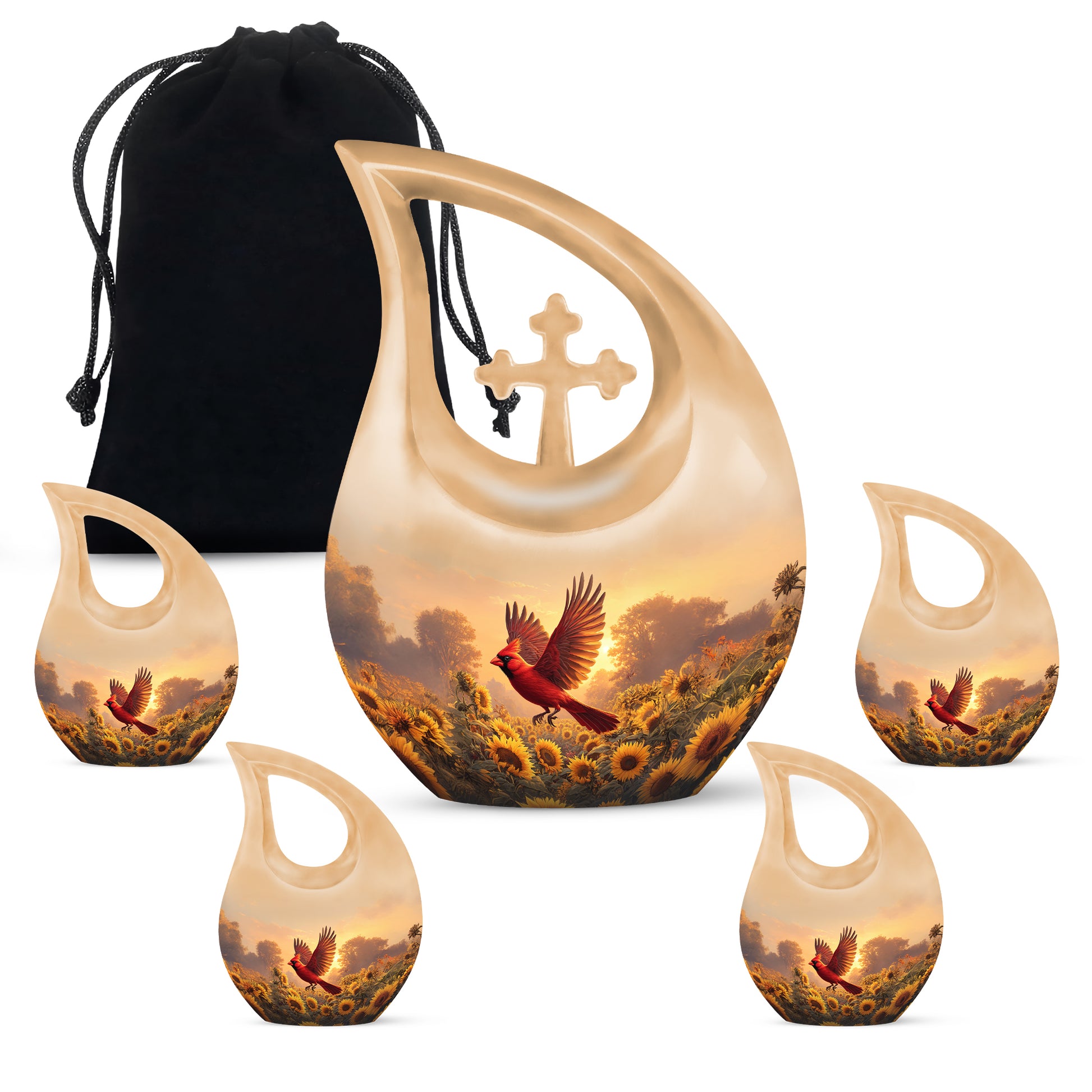 Gilded Gold Cardinal Cremation Urn urn with complimentary velvet bag - cross and cardinal combined in spiritual memorial design - memorial set with one large and four small urns