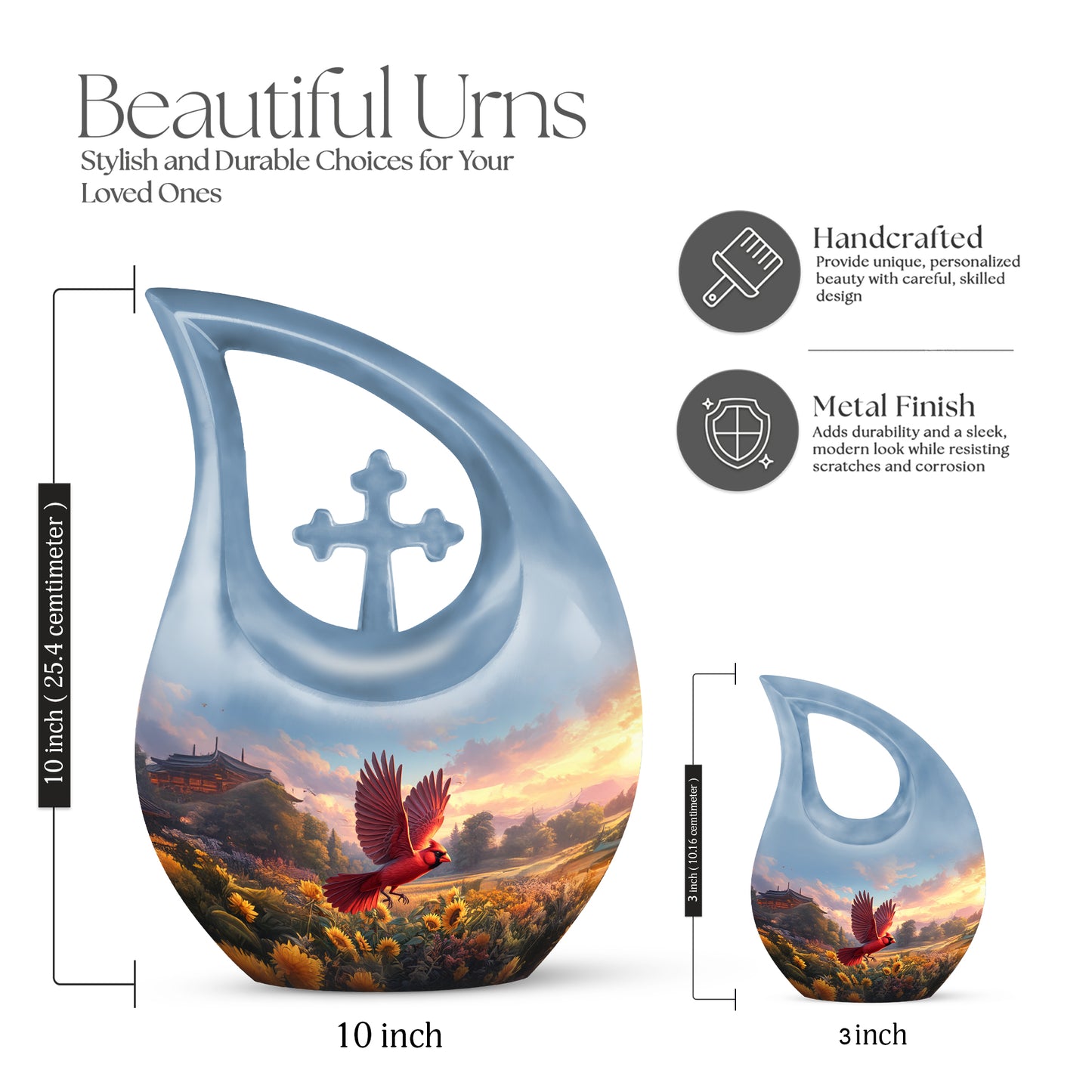 Calming Blue Cardinal Cremation Urn back view with polished surface - devotional cross-drop cardinal engraving - mini keepsake memorial for portion of cremation ashes