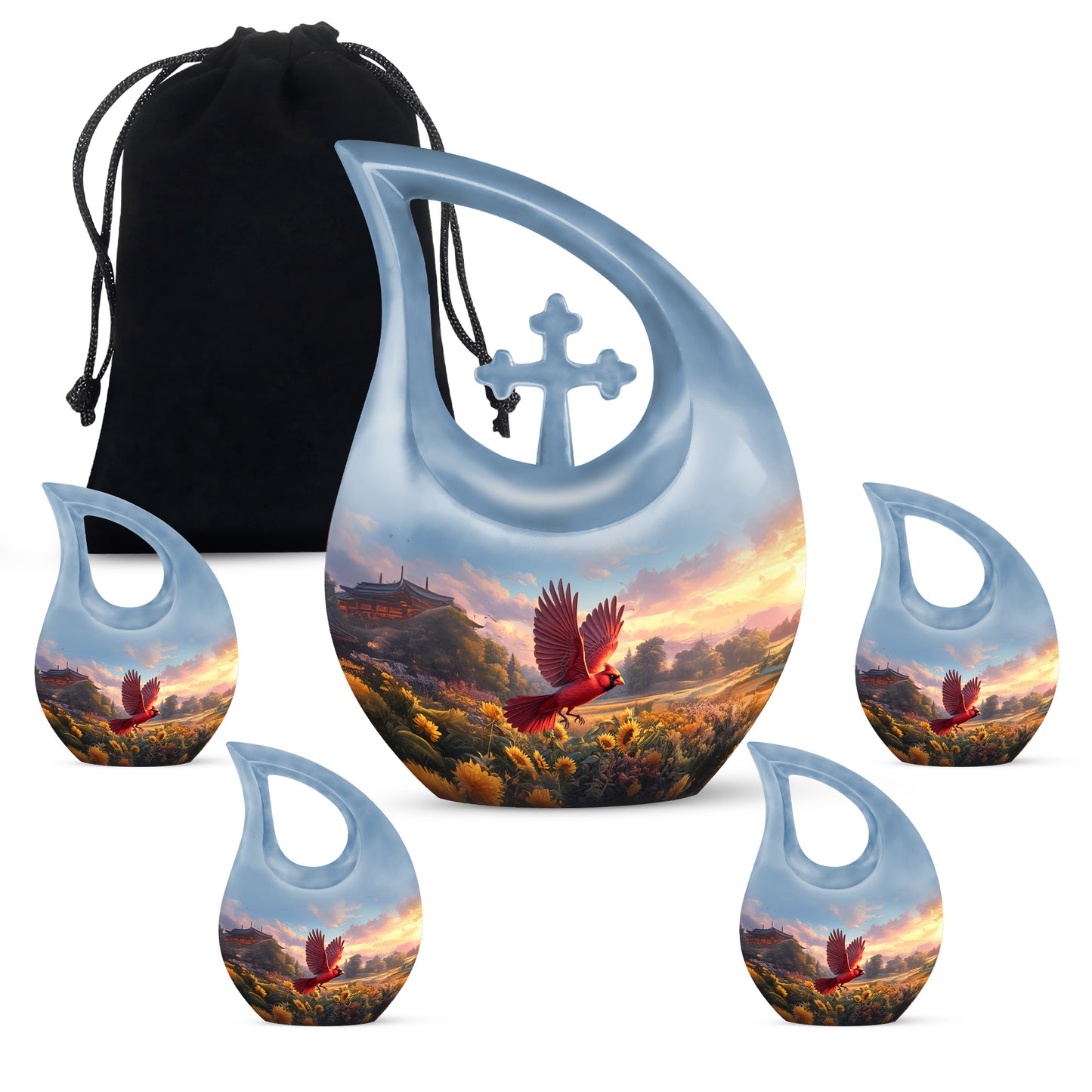 Bright Blue Cardinal Cremation Urn urn with complimentary velvet bag - devotional cross-drop cardinal engraving - memorial set with one large and four small urns
