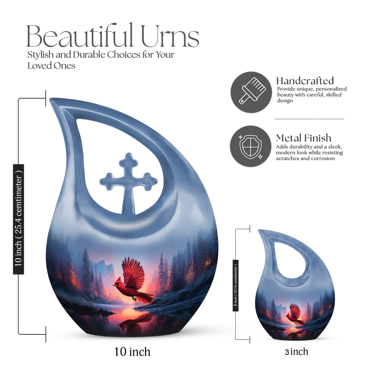Pastel Blue Cardinal Cremation Urn back view with polished surface - cross and cardinal combined in spiritual memorial design - mini keepsake memorial for portion of cremation ashes