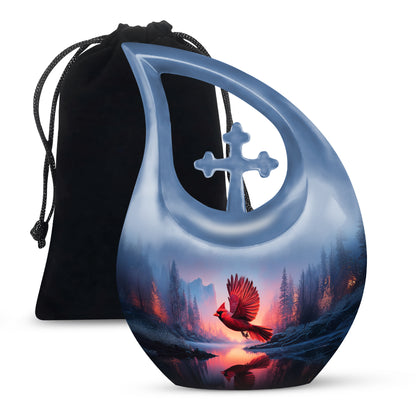 Sapphire Blue Cardinal Cremation Urn top-down view of secure threaded lid - devotional cross-drop cardinal engraving - full-size 10 inch 200 cubic inch adult cremation urn