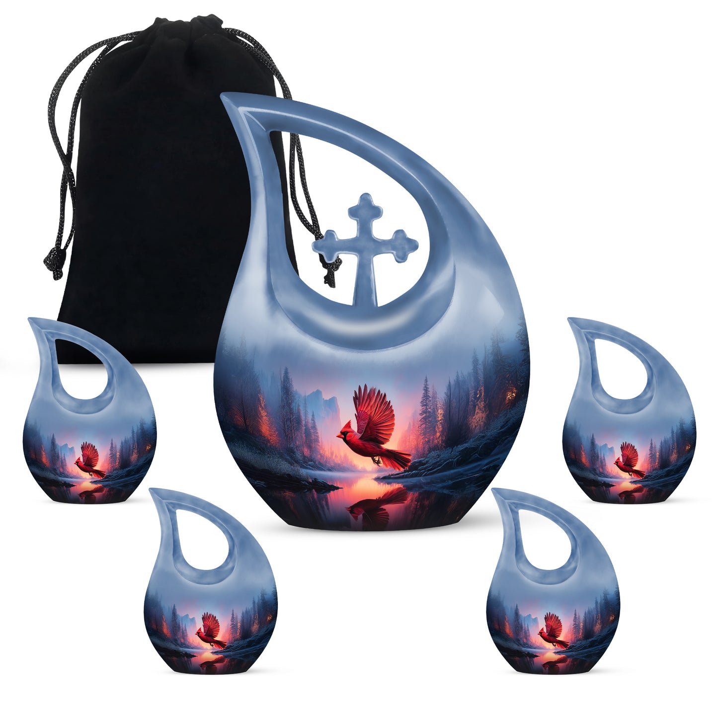 Cornflower Blue Cardinal Cremation Urn urn with complimentary velvet bag - faith-inspired cross-drop urn with cardinal pattern - memorial set with one large and four small urns
