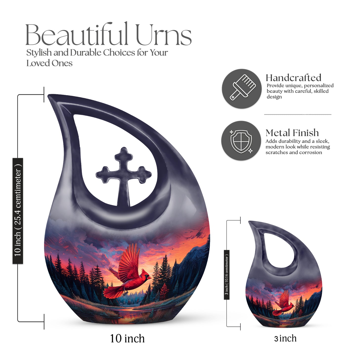 Royal Blue Cardinal Cremation Urn back view with polished surface - faith-inspired cross-drop urn with cardinal pattern - mini keepsake memorial for portion of cremation ashes