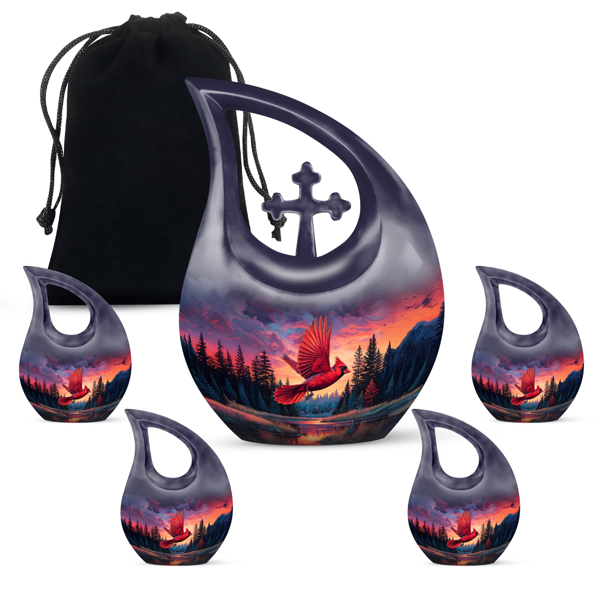 Sapphire Blue Cardinal Cremation Urn urn with complimentary velvet bag - devotional cross-drop cardinal engraving - memorial set with one large and four small urns