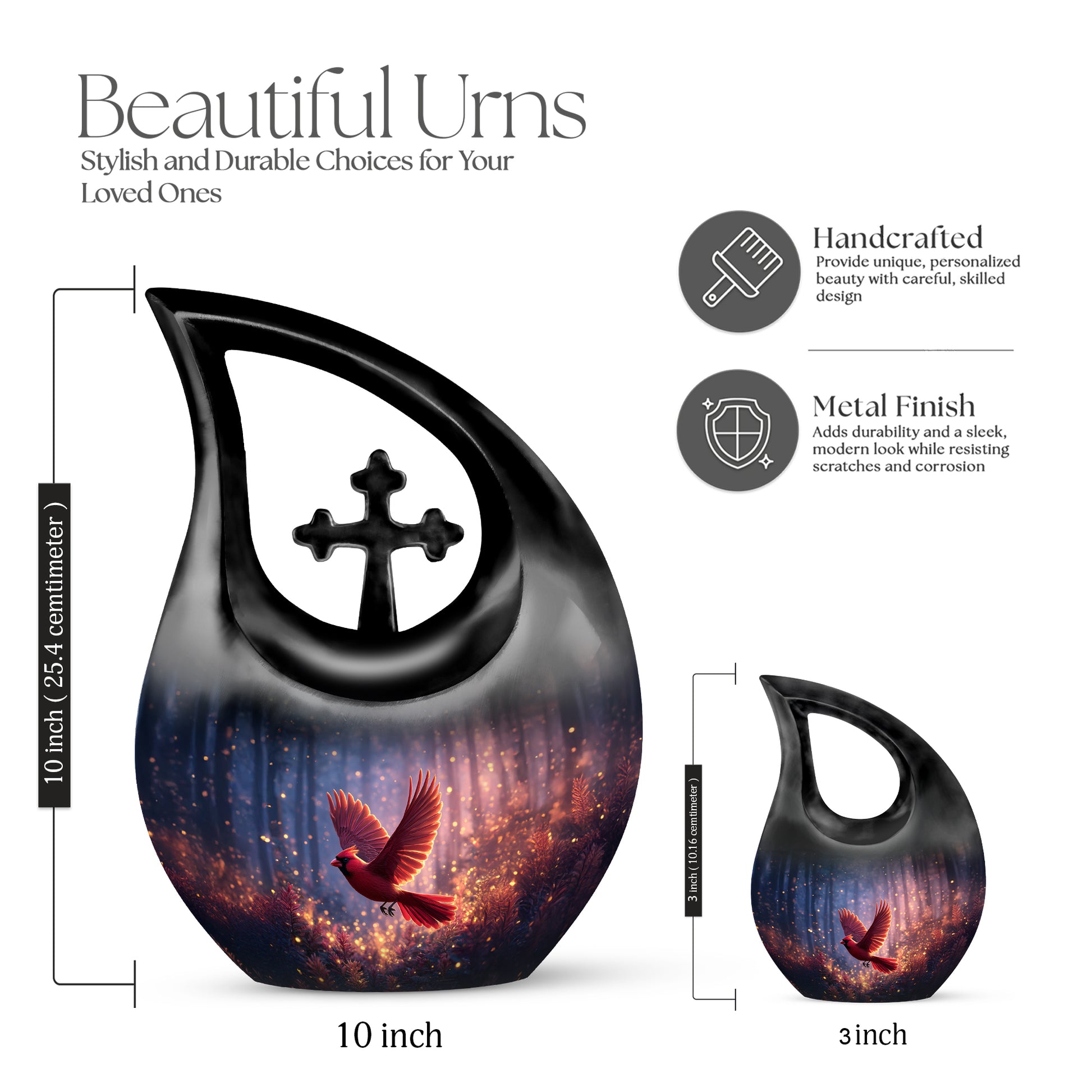 Sapphire Blue Cardinal Cremation Urn back view with polished surface - devotional cross-drop cardinal engraving - mini keepsake memorial for portion of cremation ashes