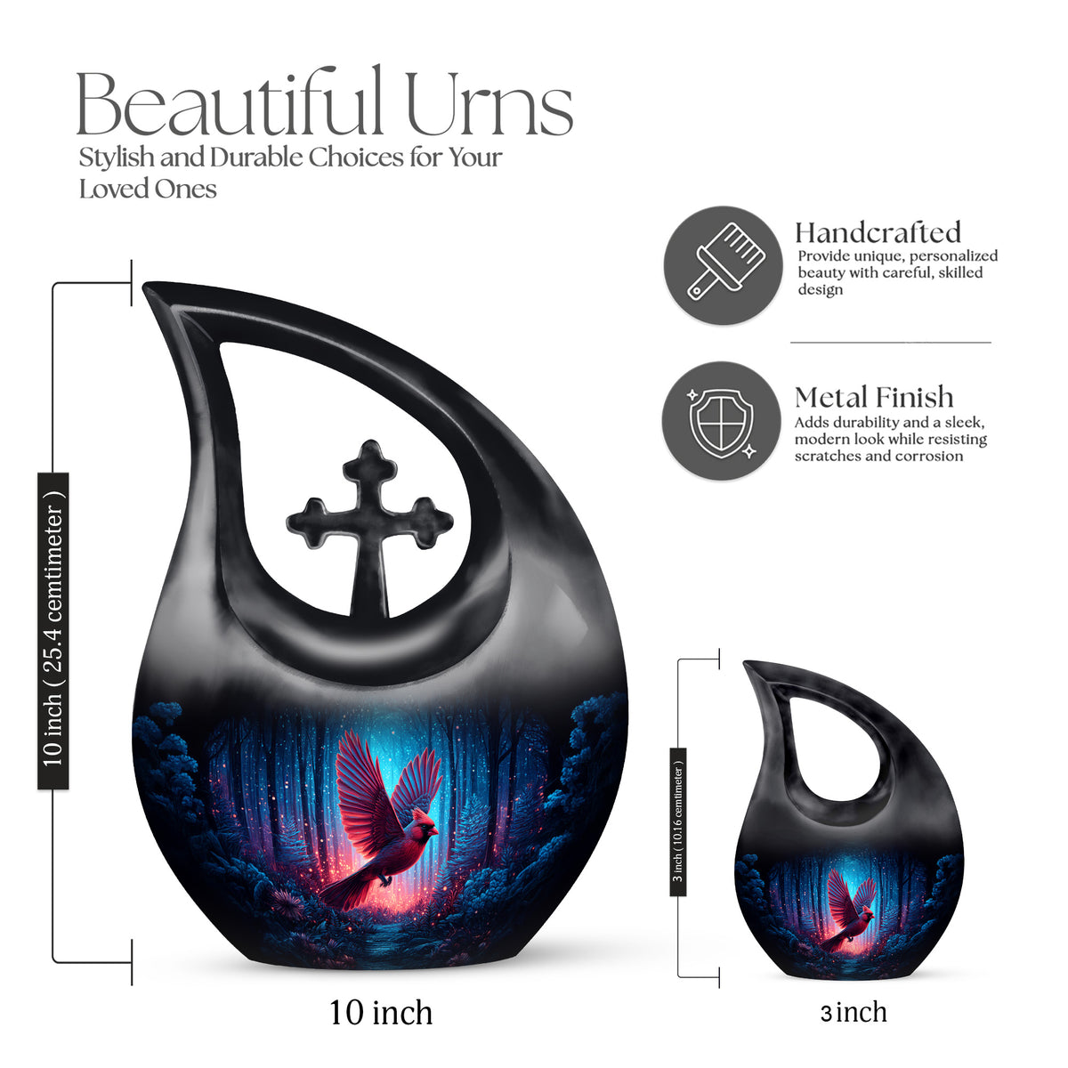 Deep Black Cardinal Cremation Urn back view with polished surface - cross and cardinal combined in spiritual memorial design - mini keepsake memorial for portion of cremation ashes