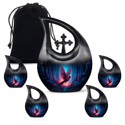 Dark Black Cardinal Cremation Urn urn with complimentary velvet bag - devotional cross-drop cardinal engraving - memorial set with one large and four small urns