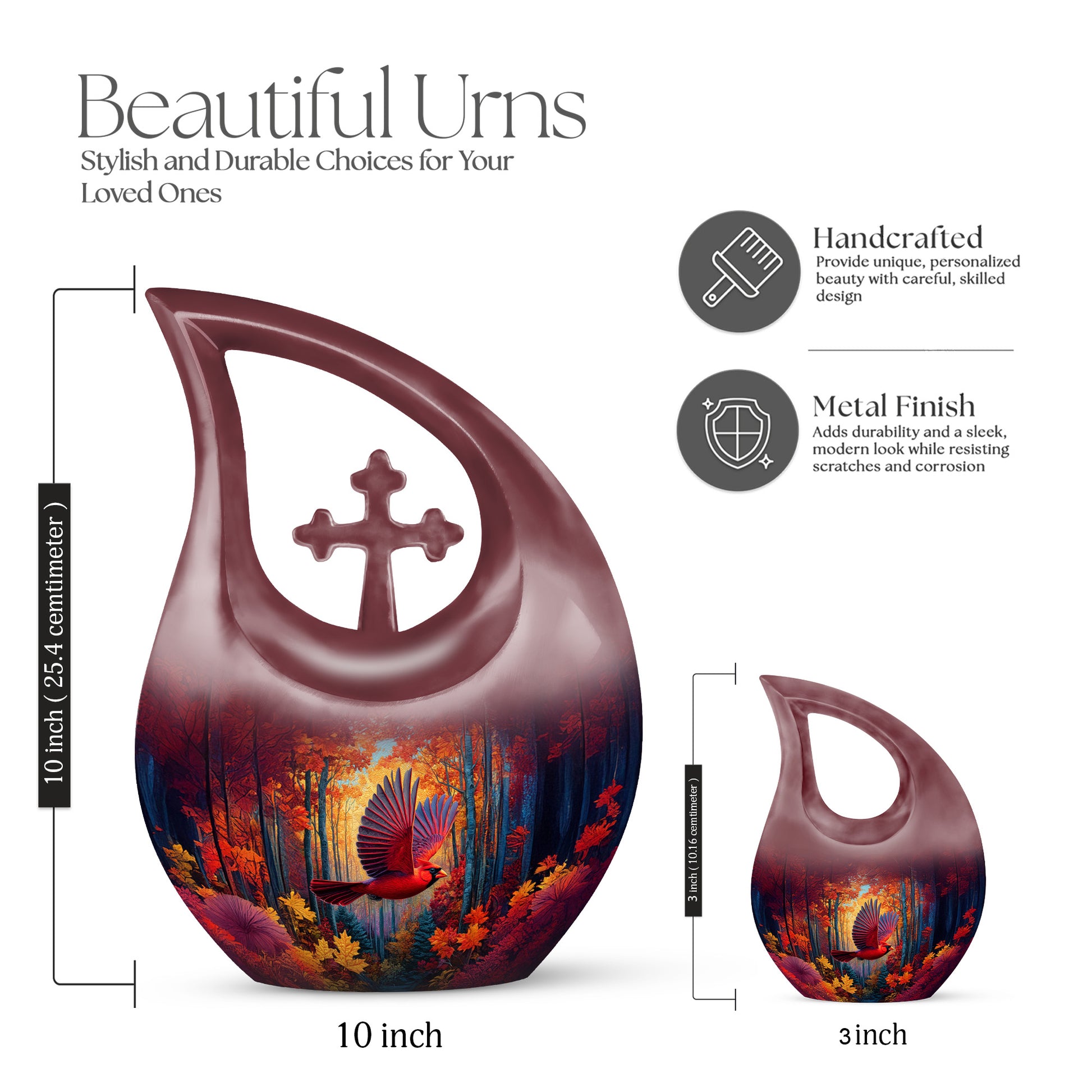 Crimson Red Cardinal Cremation Urn back view with polished surface - cross and cardinal combined in spiritual memorial design - mini keepsake memorial for portion of cremation ashes