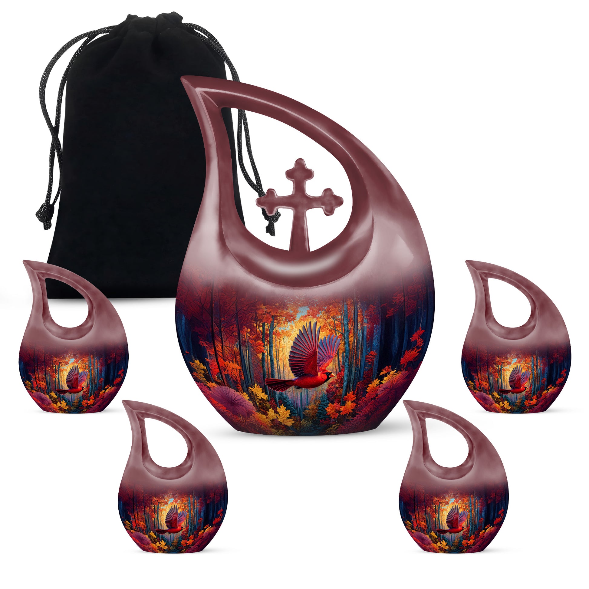 Cherry Red Cardinal Cremation Urn urn with complimentary velvet bag - devotional cross-drop cardinal engraving - memorial set with one large and four small urns