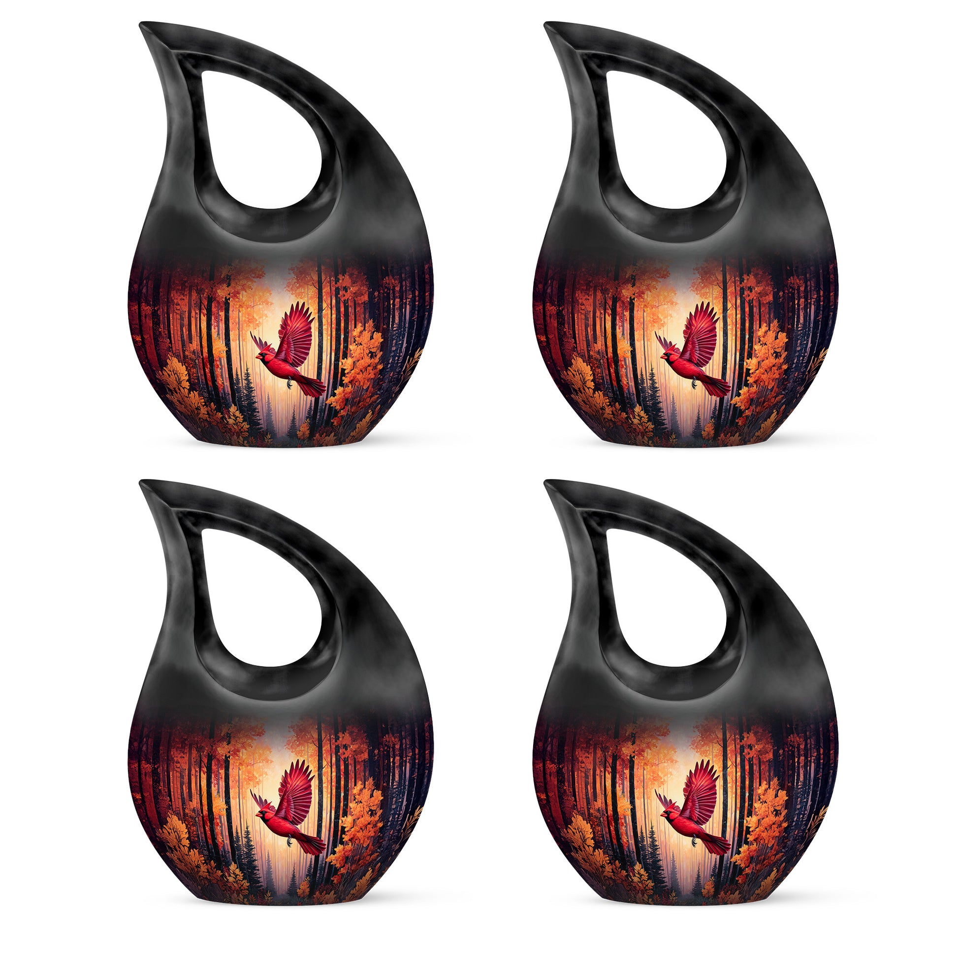 Burgundy Red Cardinal Cremation Urn lifestyle display on memorial shelf - sacred cross merged with cardinal motif on metal - 10 inch aluminum urn for cremated remains