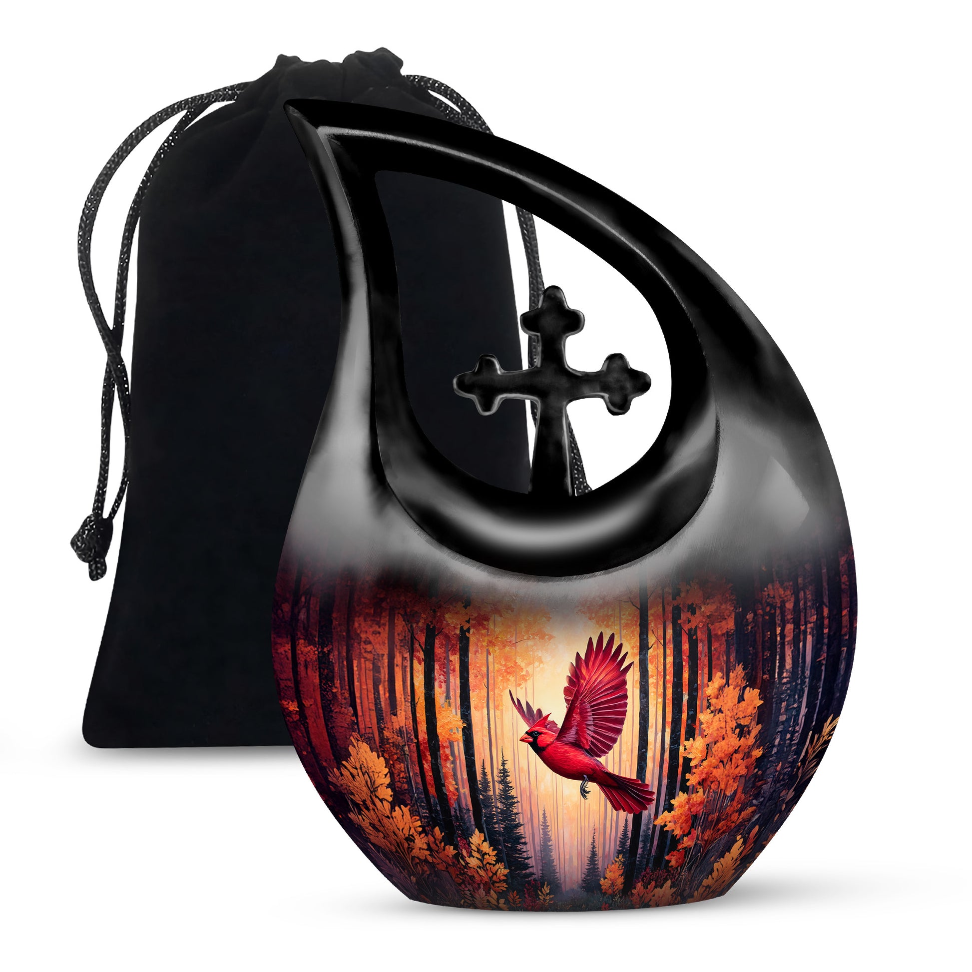 Garnet Red Cardinal Cremation Urn top-down view of secure threaded lid - sacred cross merged with cardinal motif on metal - full-size 10 inch 200 cubic inch adult cremation urn