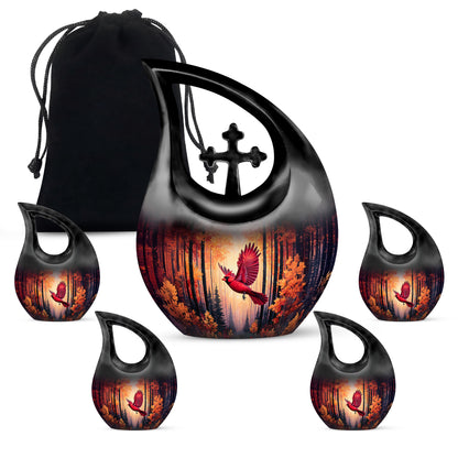 Fiery Red Cardinal Cremation Urn urn with complimentary velvet bag - devotional cross-drop cardinal engraving - memorial set with one large and four small urns