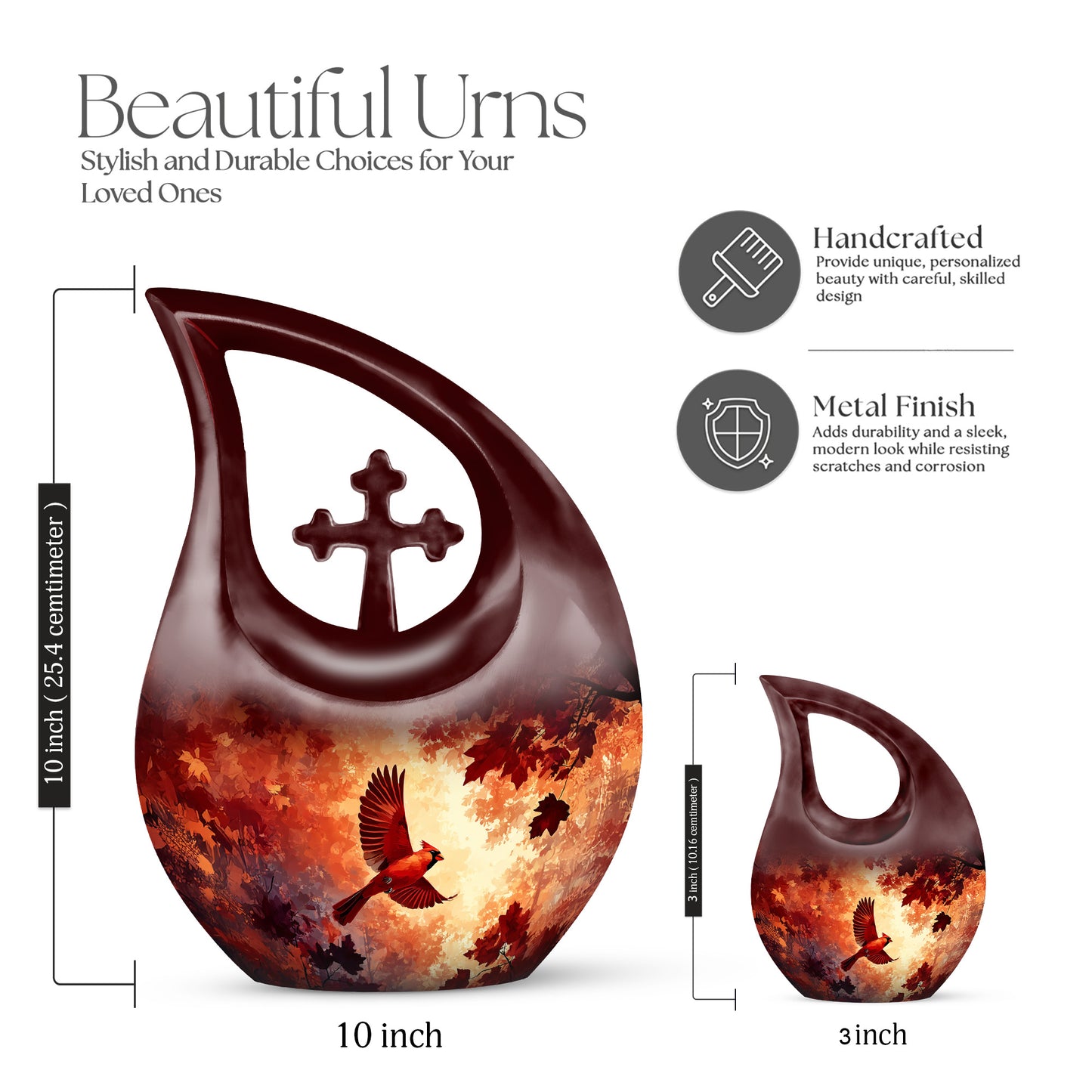 Burgundy Red Cardinal Cremation Urn back view with polished surface - cross and cardinal combined in spiritual memorial design - mini keepsake memorial for portion of cremation ashes