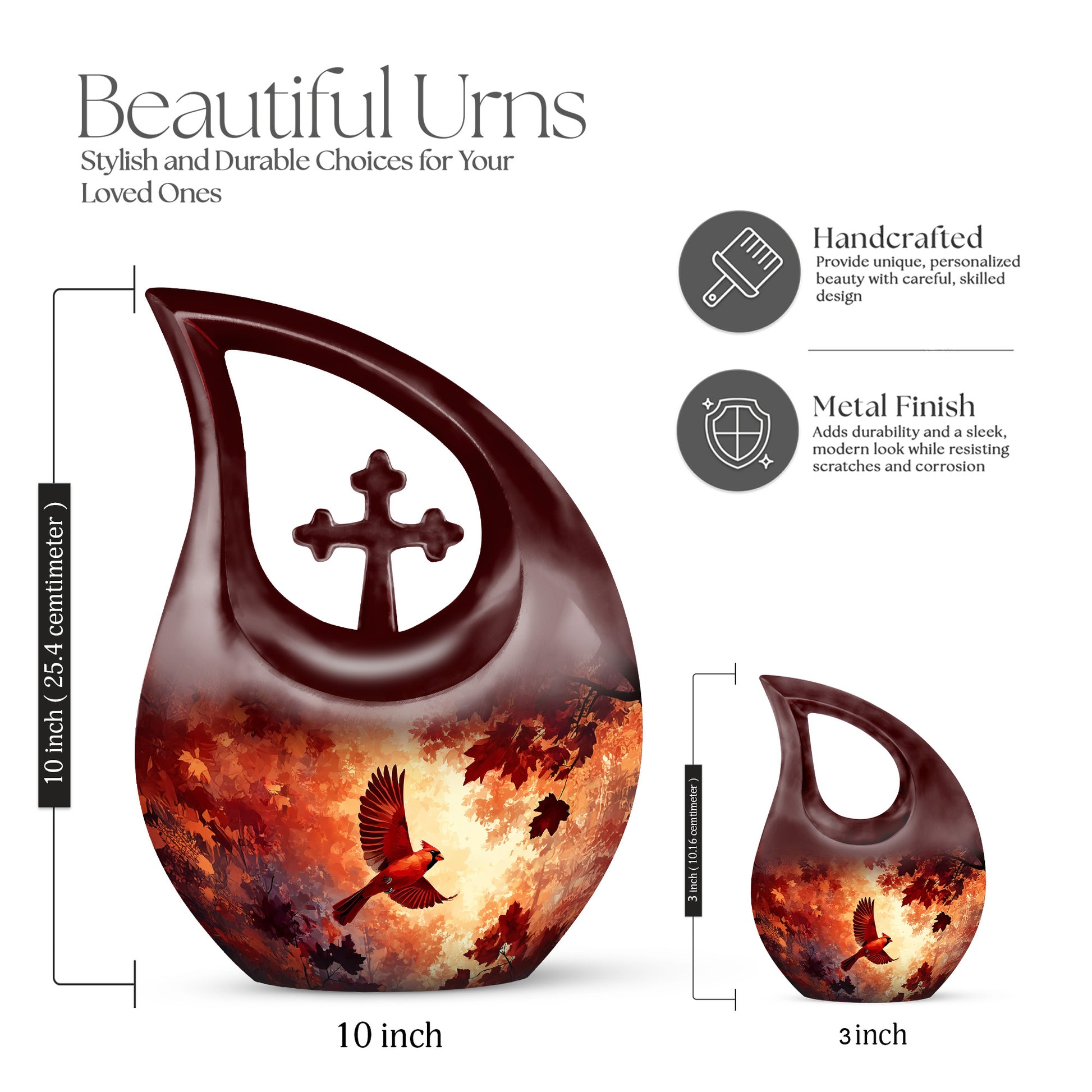 Burgundy Red Cardinal Cremation Urn back view with polished surface - cross and cardinal combined in spiritual memorial design - mini keepsake memorial for portion of cremation ashes