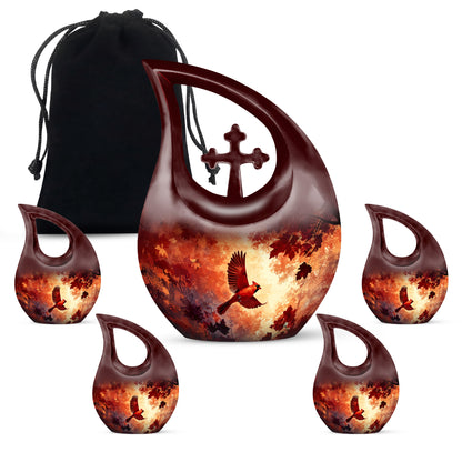 Ruby Red Cardinal Cremation Urn urn with complimentary velvet bag - devotional cross-drop cardinal engraving - memorial set with one large and four small urns