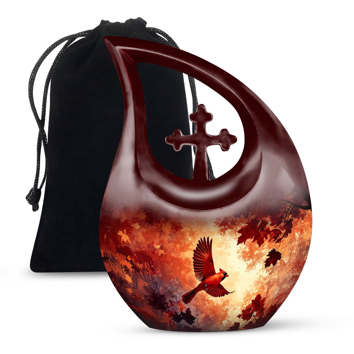 Garnet Red Cardinal Cremation Urn top-down view of secure threaded lid - sacred cross merged with cardinal motif on metal - full-size 10 inch 200 cubic inch adult cremation urn
