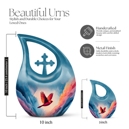 Sapphire Blue Cardinal Cremation Urn back view with polished surface - devotional cross-drop cardinal engraving - mini keepsake memorial for portion of cremation ashes