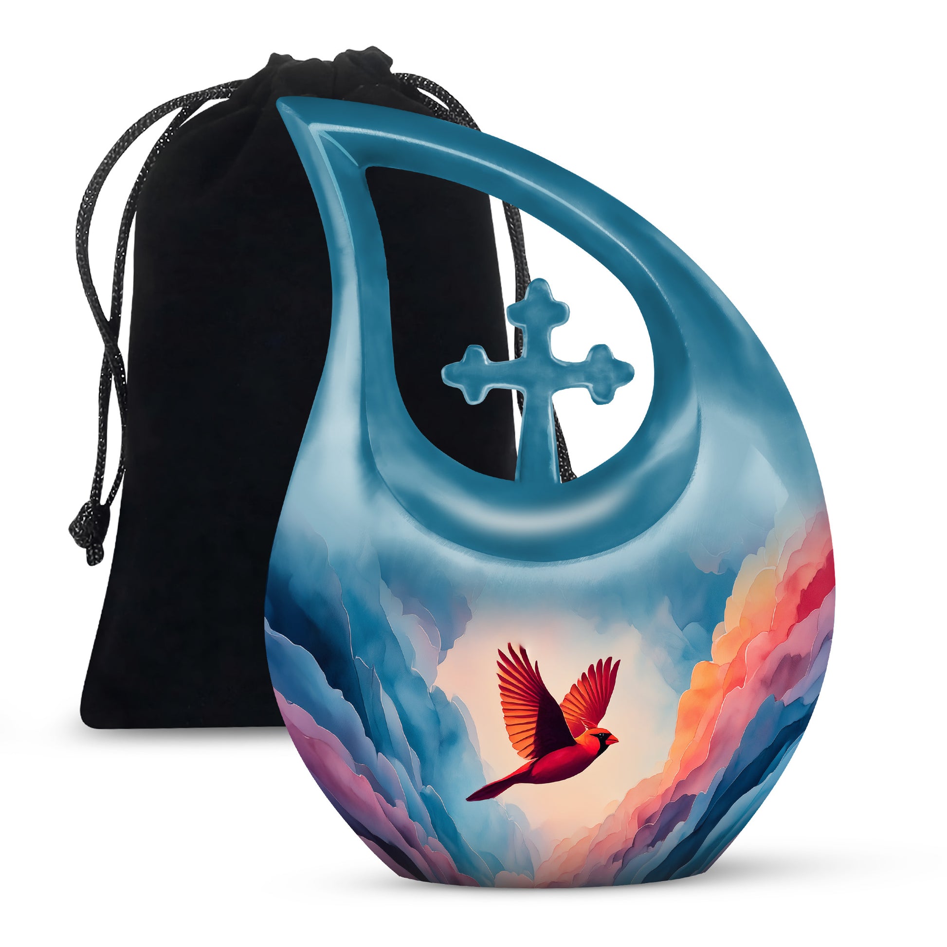 Vivid Blue Cardinal Cremation Urn top-down view of secure threaded lid - devotional cross-drop cardinal engraving - full-size 10 inch 200 cubic inch adult cremation urn