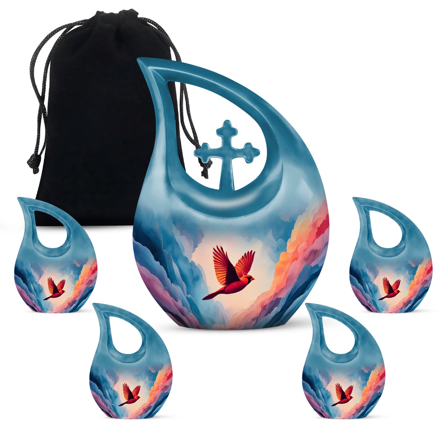 Dusty Blue Cardinal Cremation Urn urn with complimentary velvet bag - sacred cross merged with cardinal motif on metal - memorial set with one large and four small urns