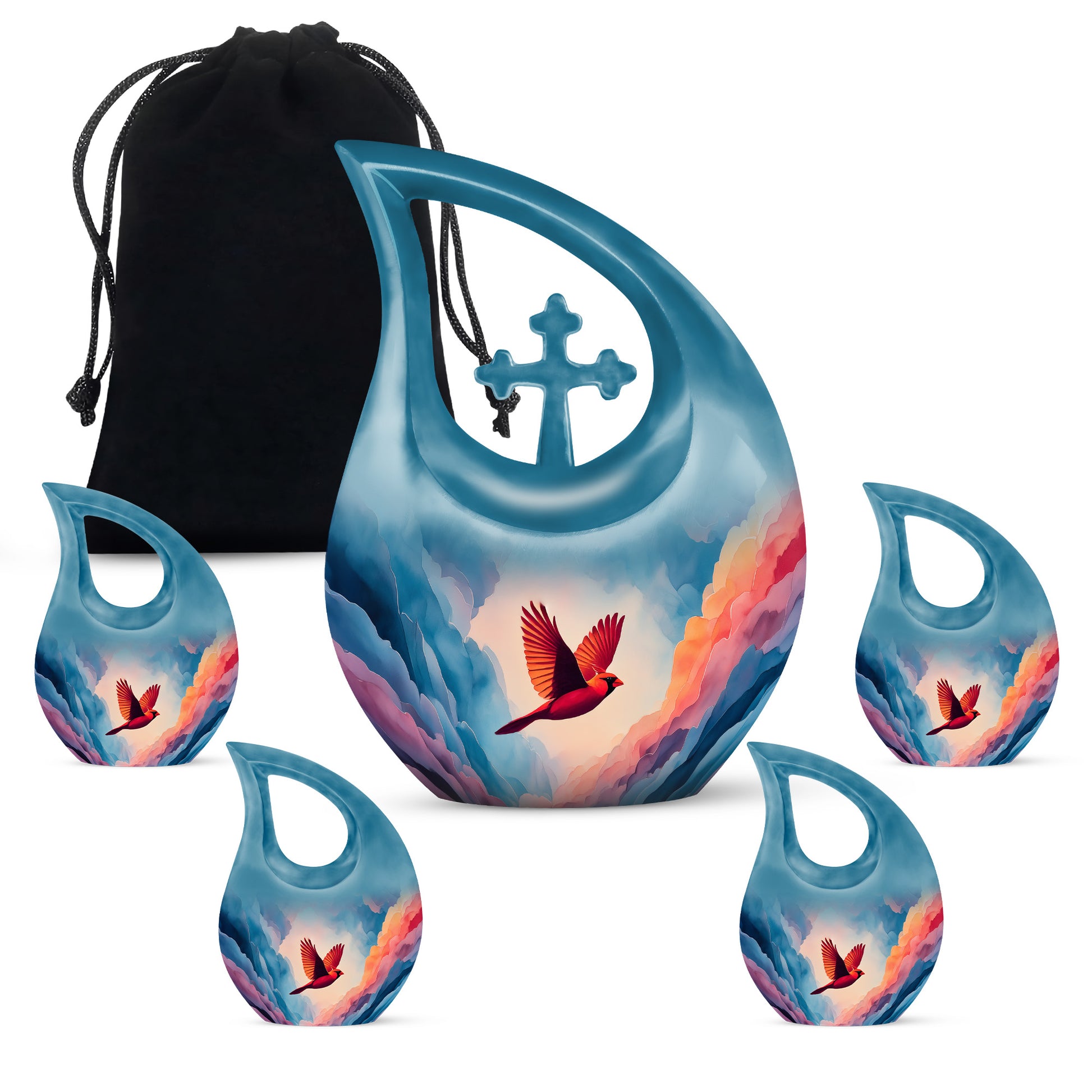 Dusty Blue Cardinal Cremation Urn urn with complimentary velvet bag - sacred cross merged with cardinal motif on metal - memorial set with one large and four small urns