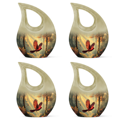 Harvest Gold Cardinal Cremation Urn lifestyle display on memorial shelf - faith-inspired cross-drop urn with cardinal pattern - 10 inch aluminum urn for cremated remains
