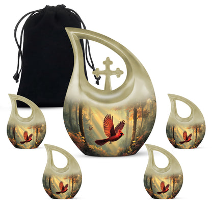 Amber Gold Cardinal Cremation Urn urn with complimentary velvet bag - sacred cross merged with cardinal motif on metal - memorial set with one large and four small urns