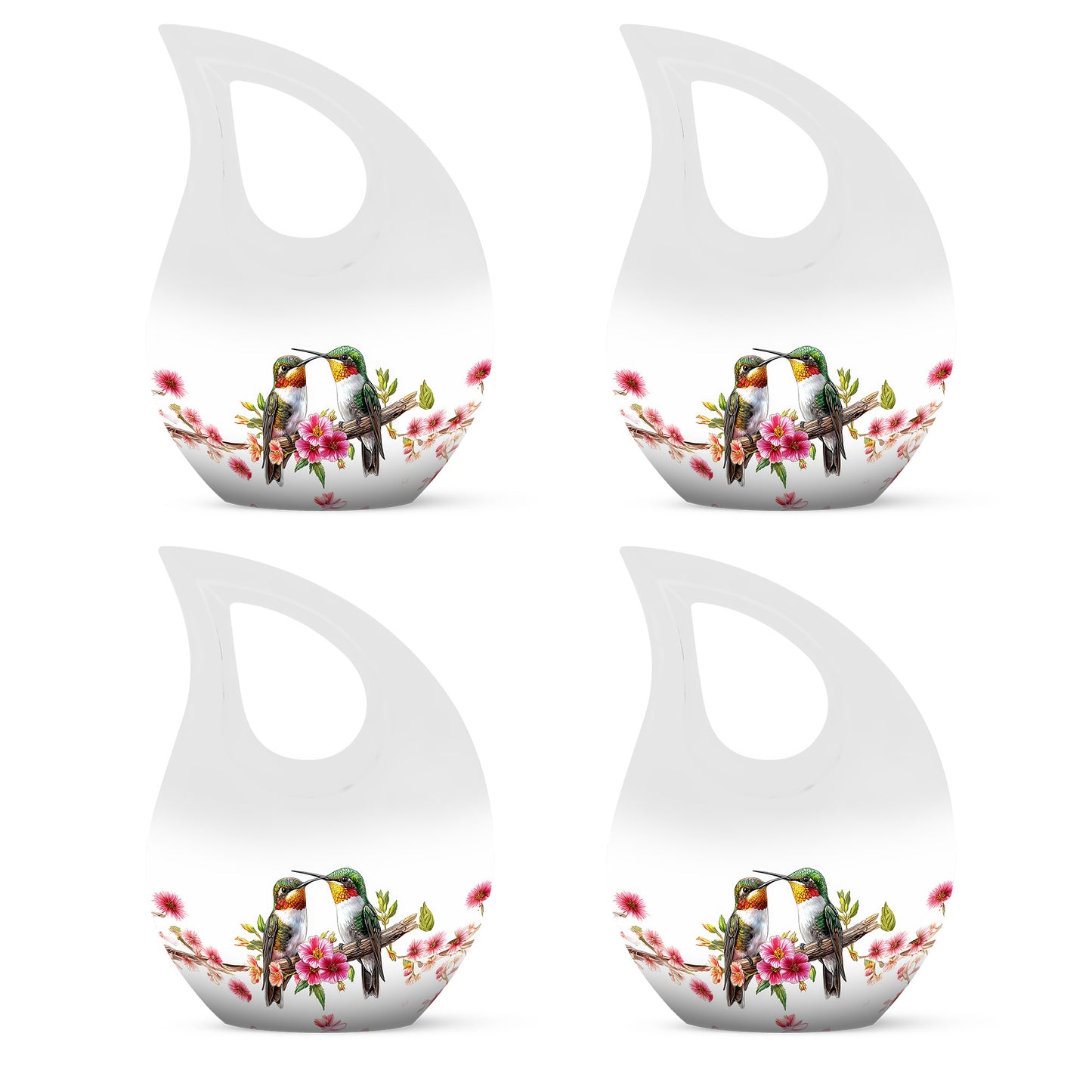 Chrome Silver Hummingbird Cremation Urn lifestyle display on memorial shelf - faith-inspired cross-drop urn with hummingbird pattern - 10 inch aluminum urn for cremated remains