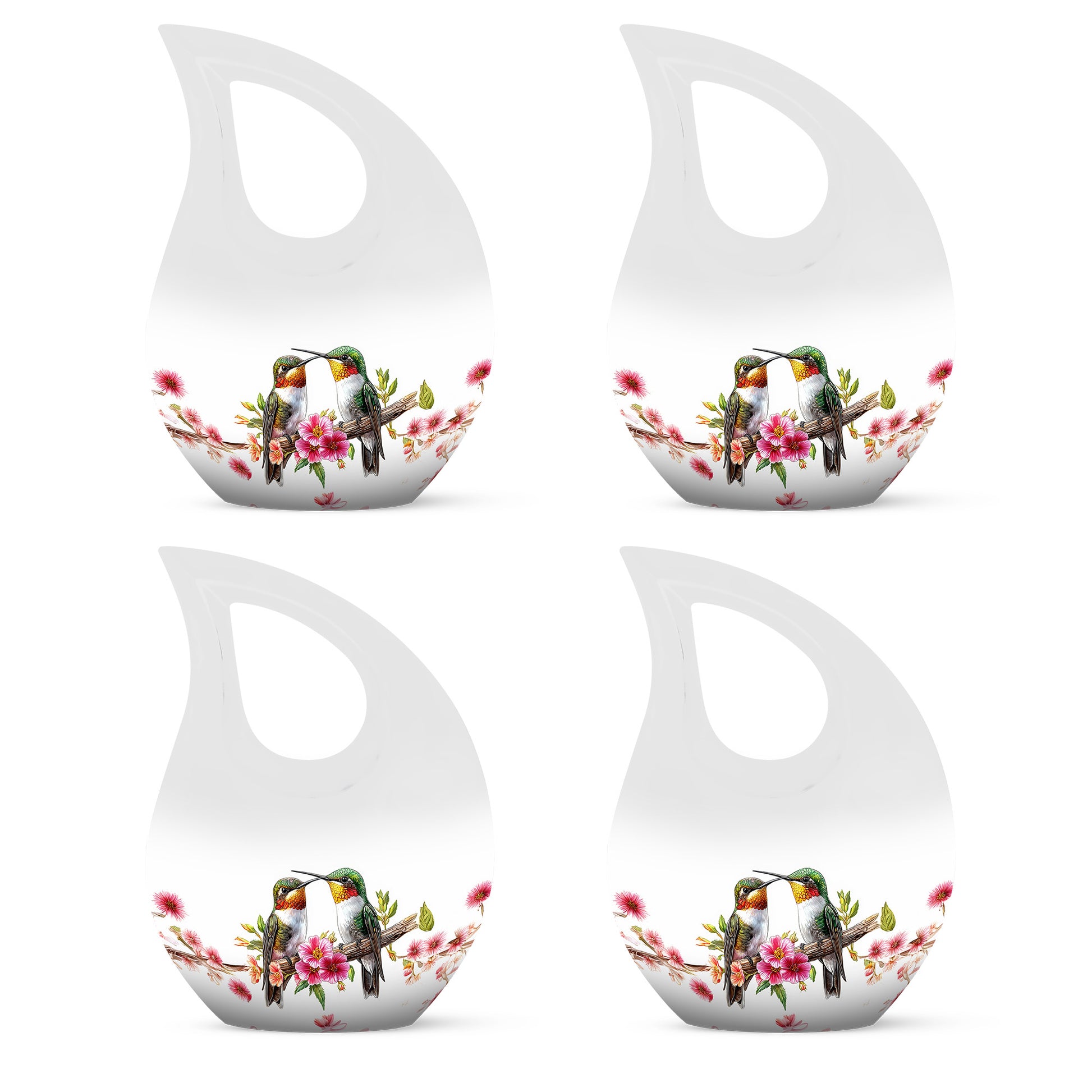 Chrome Silver Hummingbird Cremation Urn lifestyle display on memorial shelf - faith-inspired cross-drop urn with hummingbird pattern - 10 inch aluminum urn for cremated remains