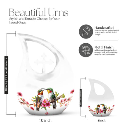 Chrome Silver Hummingbird Cremation Urn back view with polished surface - faith-inspired cross-drop urn with hummingbird pattern - mini keepsake memorial for portion of cremation ashes