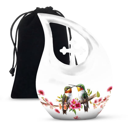 Platinum Silver Hummingbird Cremation Urn top-down view of secure threaded lid - cross and hummingbird combined in spiritual memorial design - full-size 10 inch 200 cubic inch adult cremation urn