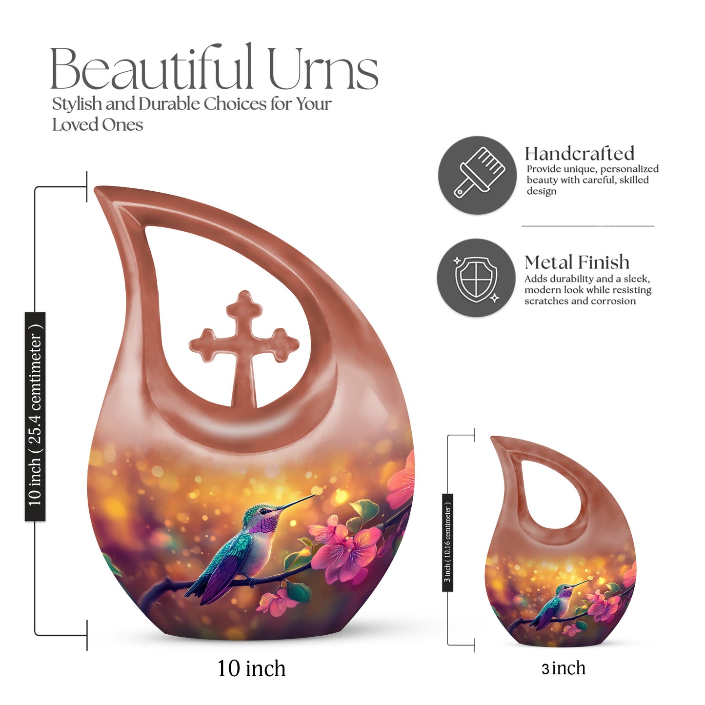 Gilded Gold Hummingbird Cremation Urn back view with polished surface - cross and hummingbird combined in spiritual memorial design - mini keepsake memorial for portion of cremation ashes
