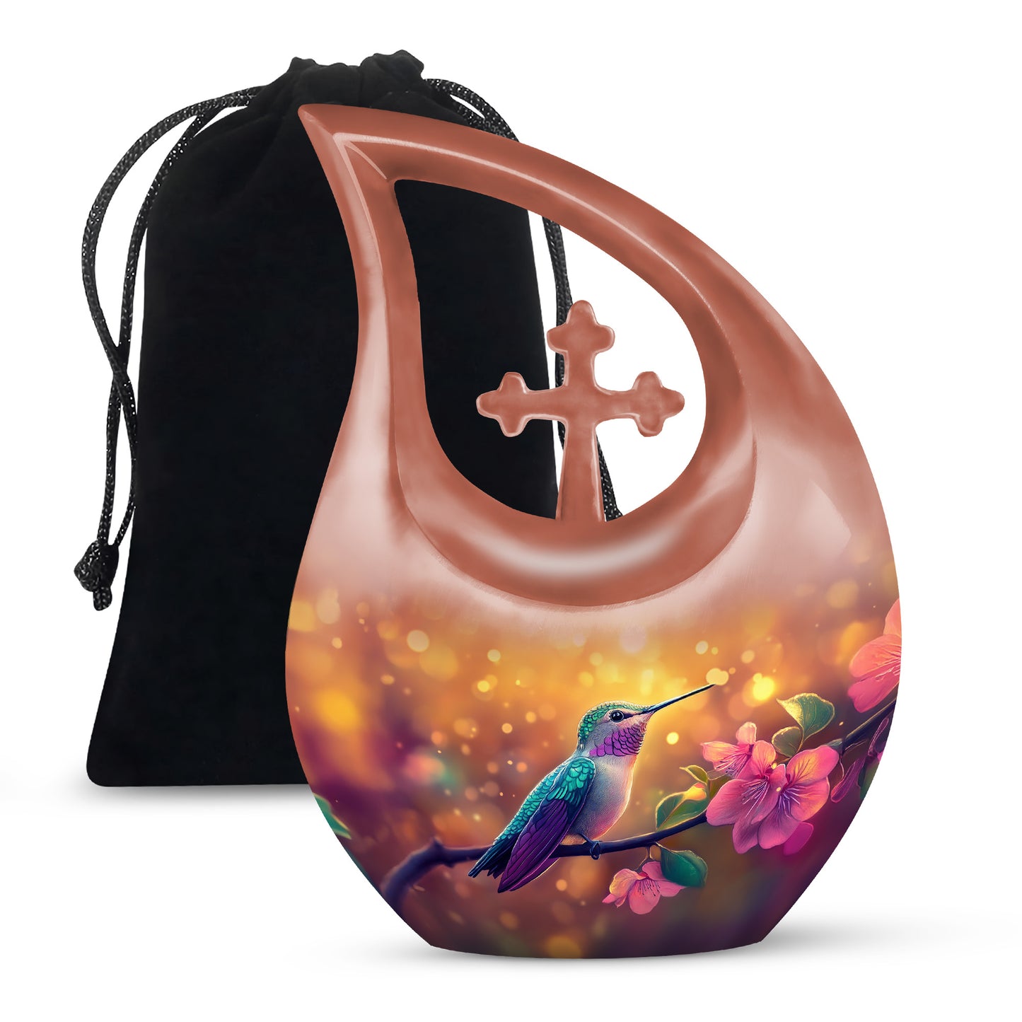 Matte Gold Hummingbird Cremation Urn top-down view of secure threaded lid - devotional cross-drop hummingbird engraving - full-size 10 inch 200 cubic inch adult cremation urn