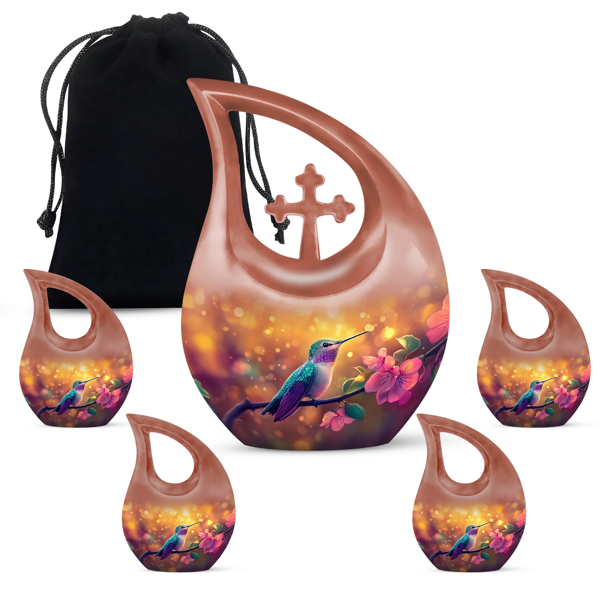 Gilded Gold Hummingbird Cremation Urn urn with complimentary velvet bag - cross and hummingbird combined in spiritual memorial design - memorial set with one large and four small urns