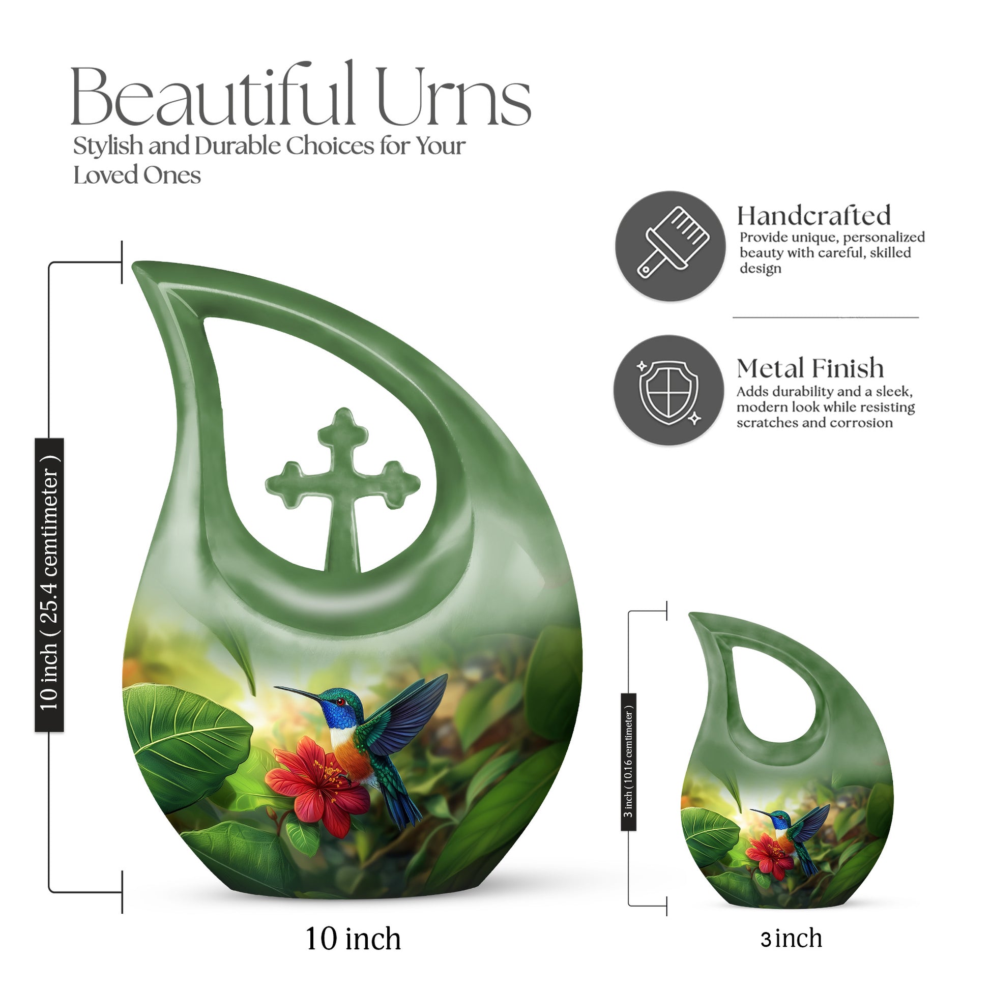 Buttercup Yellow Hummingbird Cremation Urn back view with polished surface - sacred cross merged with hummingbird motif on metal - mini keepsake memorial for portion of cremation ashes