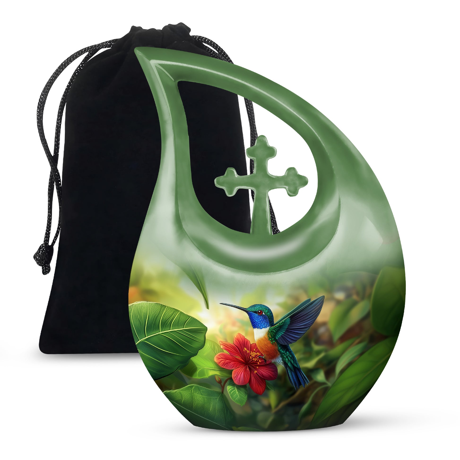 Warm Yellow Hummingbird Cremation Urn top-down view of secure threaded lid - sacred cross merged with hummingbird motif on metal - full-size 10 inch 200 cubic inch adult cremation urn