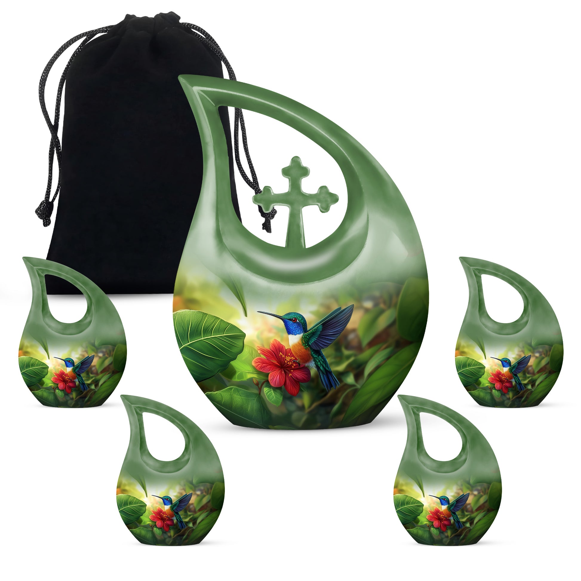 Warm Yellow Hummingbird Cremation Urn urn with complimentary velvet bag - cross and hummingbird combined in spiritual memorial design - memorial set with one large and four small urns